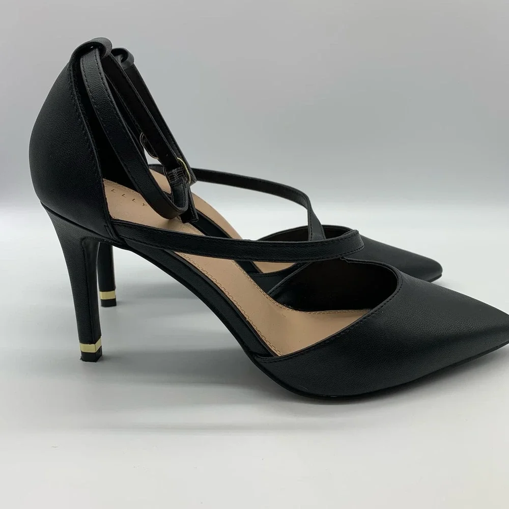 Kelly & Katie Pointed Toe Black Strappy Black Pumps With Gold Trim Heel Sz 10M - Picture 4 of 12
